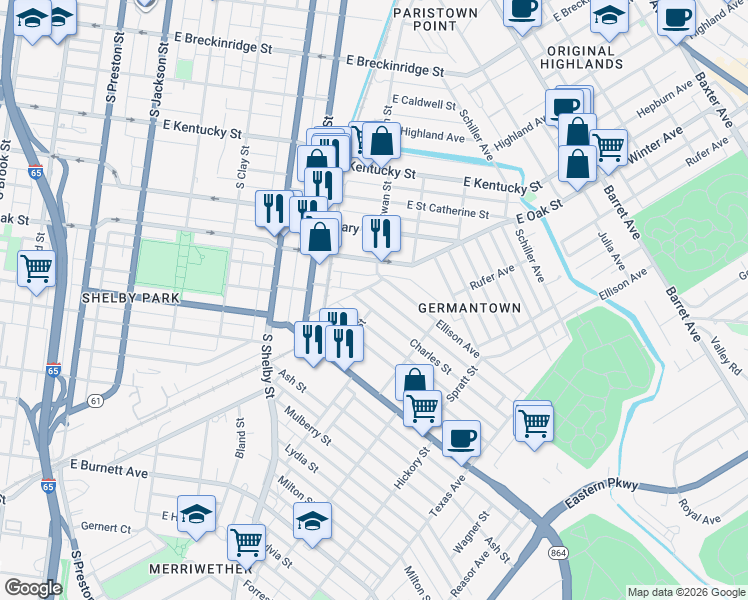 map of restaurants, bars, coffee shops, grocery stores, and more near 902 Ellison Avenue in Louisville