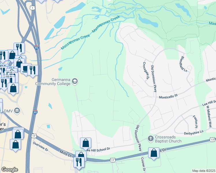 map of restaurants, bars, coffee shops, grocery stores, and more near 4413 Murven Park Lane in Fredericksburg
