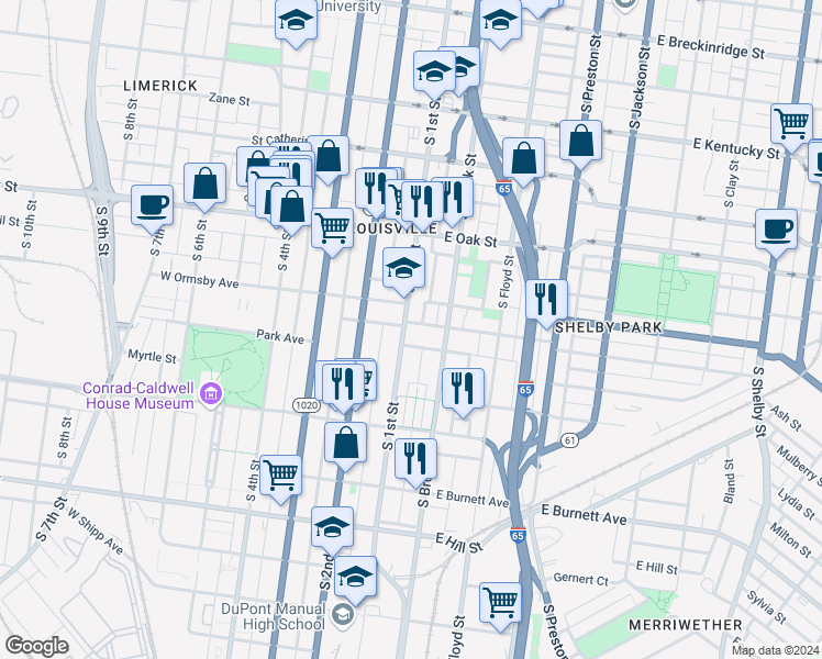 map of restaurants, bars, coffee shops, grocery stores, and more near 115 East Ormsby Avenue in Louisville