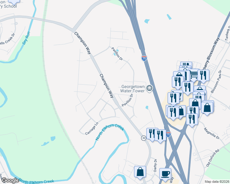 map of restaurants, bars, coffee shops, grocery stores, and more near 116 Winners Circle in Georgetown