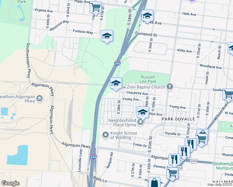 map of restaurants, bars, coffee shops, grocery stores, and more near 3800 Gibson Lane in Louisville