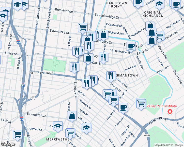 map of restaurants, bars, coffee shops, grocery stores, and more near 917 Dandridge Avenue in Louisville