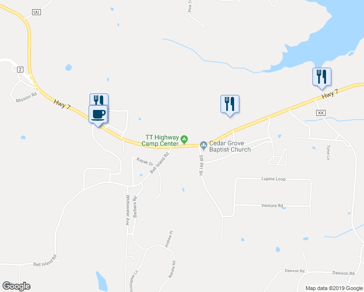 map of restaurants, bars, coffee shops, grocery stores, and more near Highway 7 in Warsaw