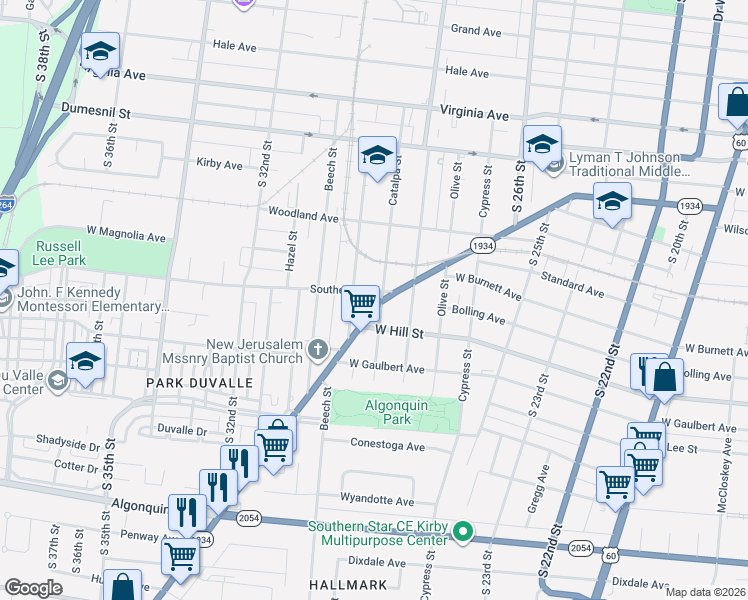 map of restaurants, bars, coffee shops, grocery stores, and more near 2909 Southern Avenue in Louisville