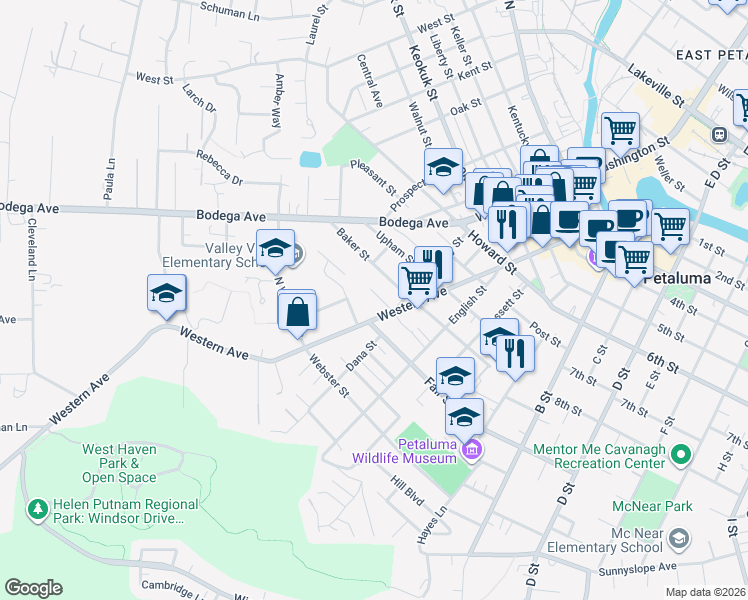 map of restaurants, bars, coffee shops, grocery stores, and more near in Petaluma
