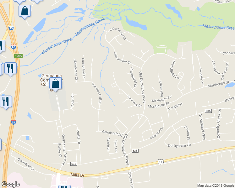 map of restaurants, bars, coffee shops, grocery stores, and more near 4501 Whisper Hill Court in Fredericksburg
