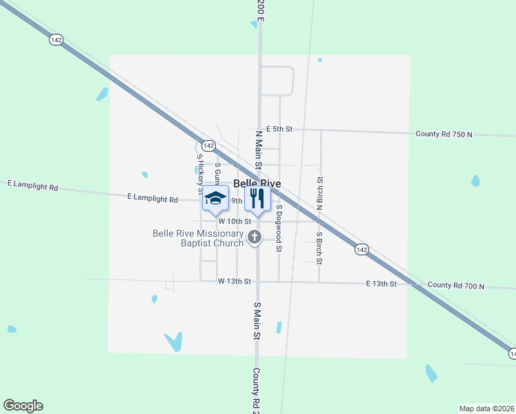 map of restaurants, bars, coffee shops, grocery stores, and more near County Road 2200 East in Belle Rive