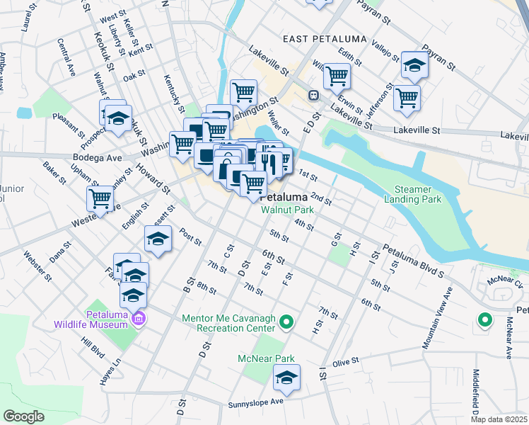 map of restaurants, bars, coffee shops, grocery stores, and more near 120 4th Street in Petaluma