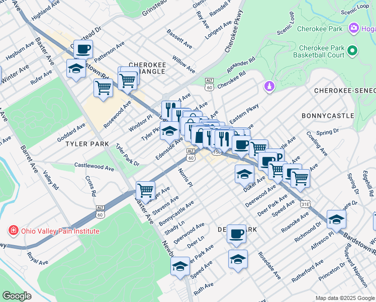 map of restaurants, bars, coffee shops, grocery stores, and more near in Louisville