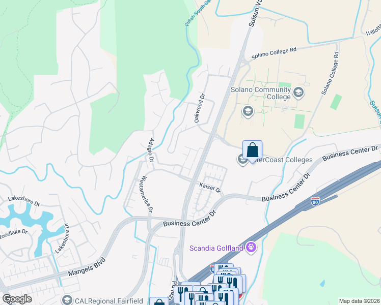 map of restaurants, bars, coffee shops, grocery stores, and more near 4550 Stellata Lane in Fairfield