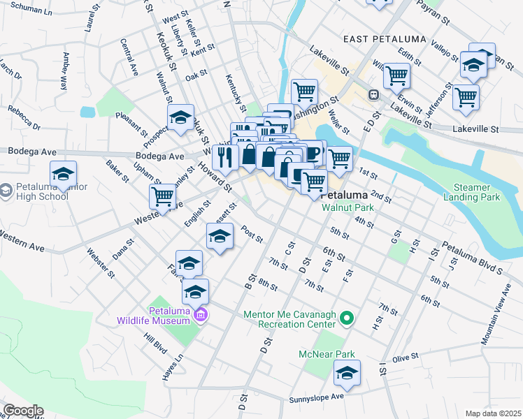map of restaurants, bars, coffee shops, grocery stores, and more near 417 A Street in Petaluma