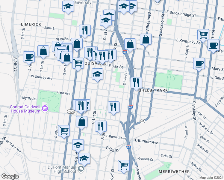 map of restaurants, bars, coffee shops, grocery stores, and more near 215 East Ormsby Avenue in Louisville