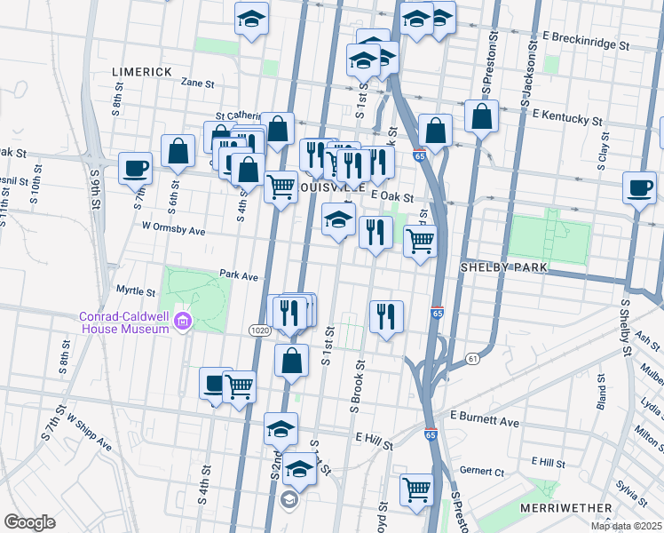 map of restaurants, bars, coffee shops, grocery stores, and more near 112 West Ormsby Avenue in Louisville