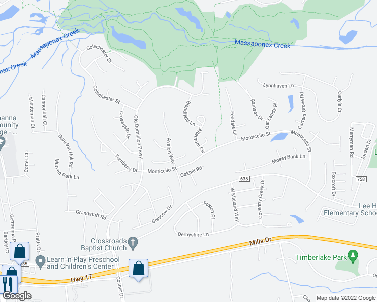 map of restaurants, bars, coffee shops, grocery stores, and more near 4201 Mount Vernon Place in Fredericksburg