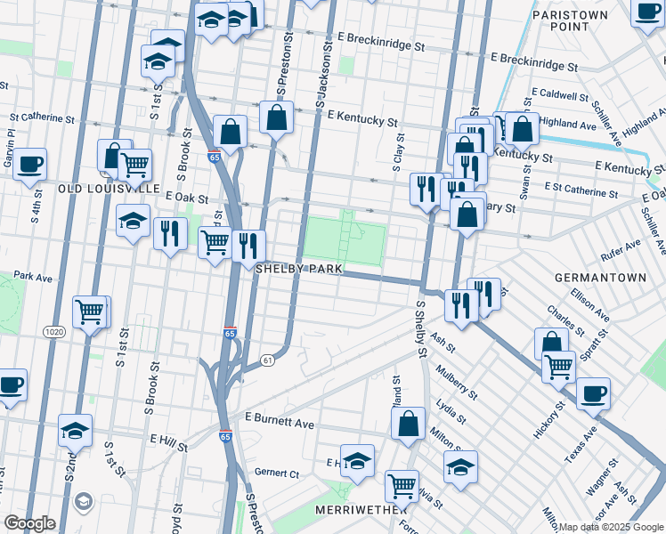 map of restaurants, bars, coffee shops, grocery stores, and more near 537 Camp Street in Louisville