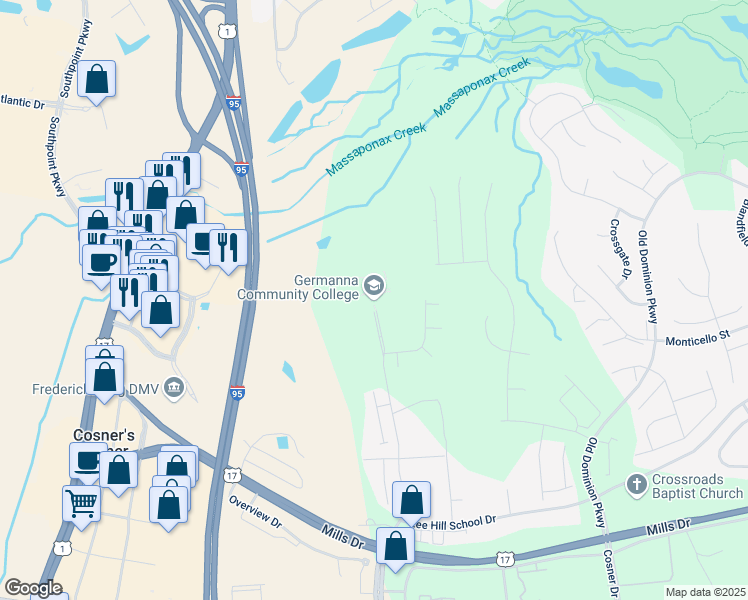 map of restaurants, bars, coffee shops, grocery stores, and more near 10000 Germanna Point Drive in Fredericksburg
