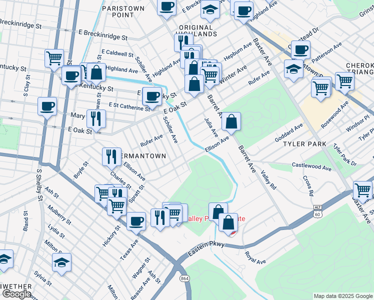 map of restaurants, bars, coffee shops, grocery stores, and more near 1247 Schiller Avenue in Louisville