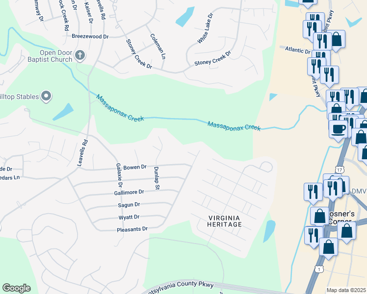 map of restaurants, bars, coffee shops, grocery stores, and more near 4 Kelly Court in Fredericksburg