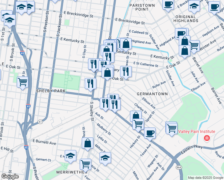 map of restaurants, bars, coffee shops, grocery stores, and more near 916 Shelby Parkway in Louisville