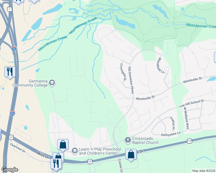 map of restaurants, bars, coffee shops, grocery stores, and more near 4503 Whisper Hill Court in Fredericksburg