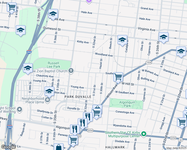 map of restaurants, bars, coffee shops, grocery stores, and more near 3106 Southern Avenue in Louisville
