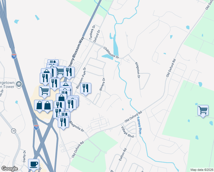 map of restaurants, bars, coffee shops, grocery stores, and more near 106 Bethpage Path in Georgetown