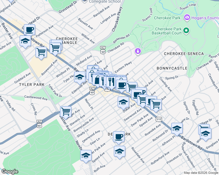 map of restaurants, bars, coffee shops, grocery stores, and more near in Louisville
