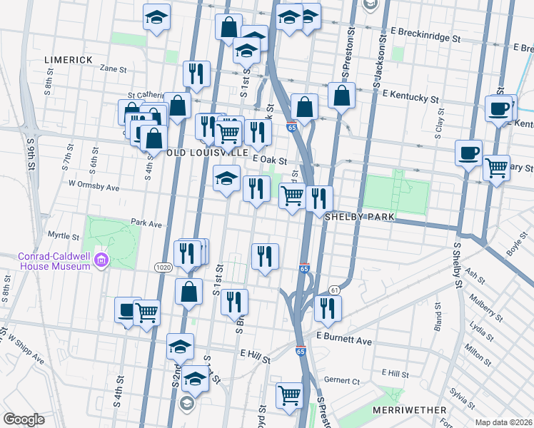 map of restaurants, bars, coffee shops, grocery stores, and more near 215 East Ormsby Avenue in Louisville