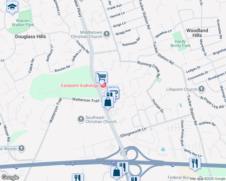 map of restaurants, bars, coffee shops, grocery stores, and more near 11807 Duane Point Circle in Louisville