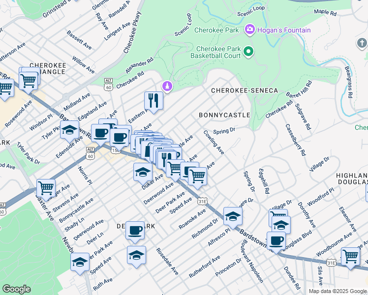 map of restaurants, bars, coffee shops, grocery stores, and more near 1589 Parsons Place in Louisville