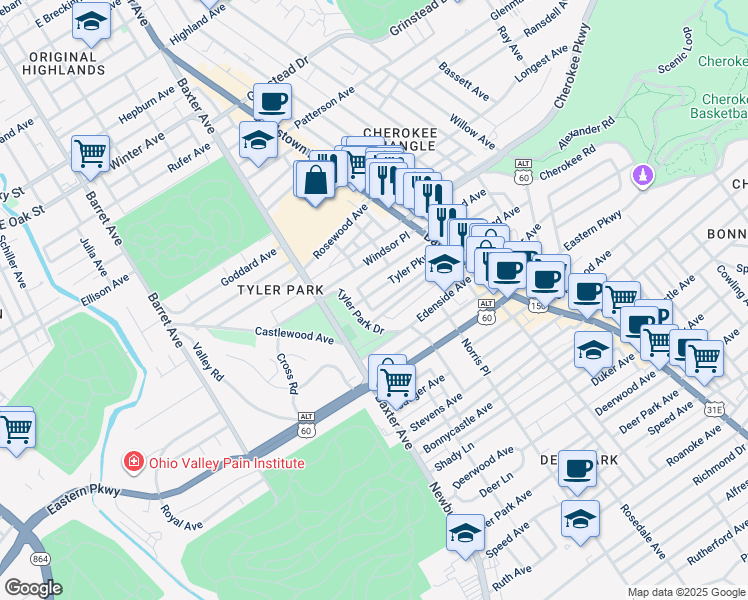 map of restaurants, bars, coffee shops, grocery stores, and more near 1708 Tyler Parkway in Louisville