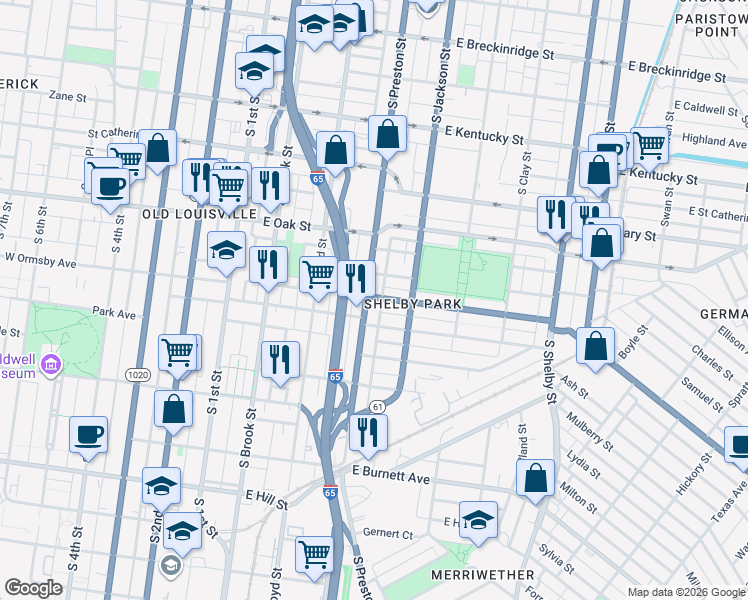 map of restaurants, bars, coffee shops, grocery stores, and more near 415 Camp Street in Louisville