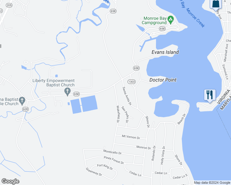 map of restaurants, bars, coffee shops, grocery stores, and more near 624 Wakefield Drive in Colonial Beach