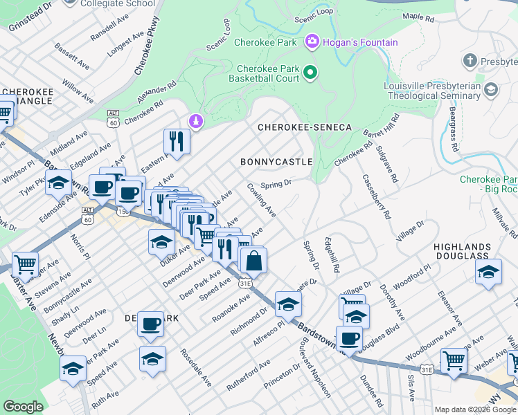 map of restaurants, bars, coffee shops, grocery stores, and more near 1638 Cowling Avenue in Louisville