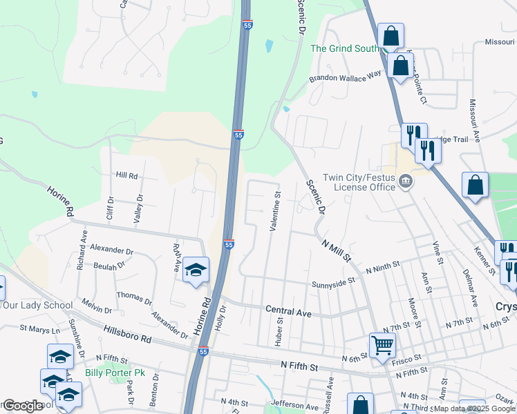 map of restaurants, bars, coffee shops, grocery stores, and more near 1087 Quail Drive in Festus