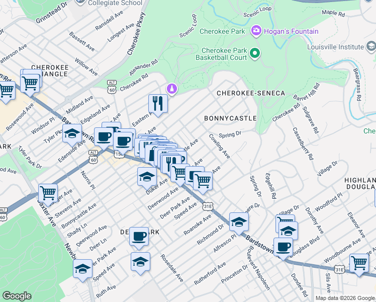 map of restaurants, bars, coffee shops, grocery stores, and more near 1589 Parsons Place in Louisville