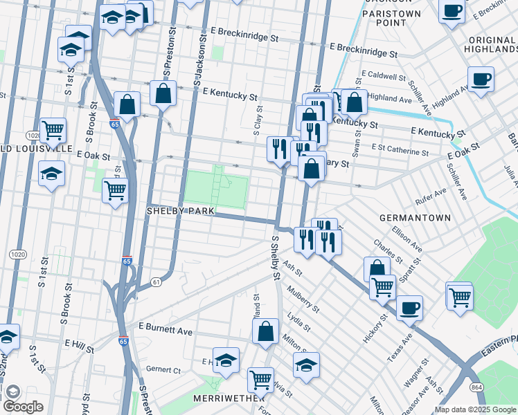 map of restaurants, bars, coffee shops, grocery stores, and more near 714 Shelby Parkway in Louisville