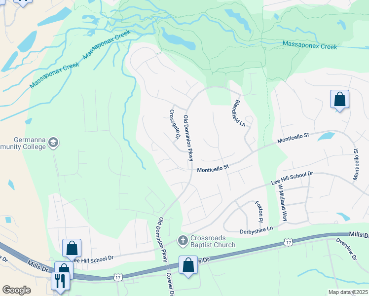 map of restaurants, bars, coffee shops, grocery stores, and more near 10101 Fullerton Court in Fredericksburg