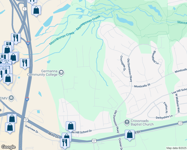 map of restaurants, bars, coffee shops, grocery stores, and more near 9716 Gunston Hall Road in Fredericksburg