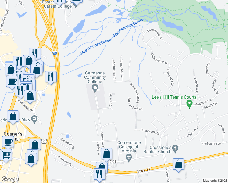 map of restaurants, bars, coffee shops, grocery stores, and more near 4503 Luau Court in Fredericksburg