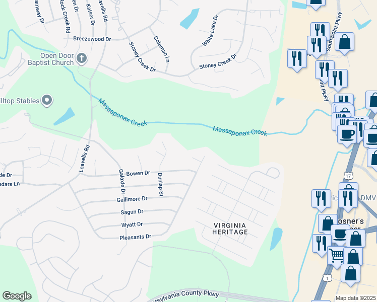 map of restaurants, bars, coffee shops, grocery stores, and more near 4 Kelly Court in Fredericksburg