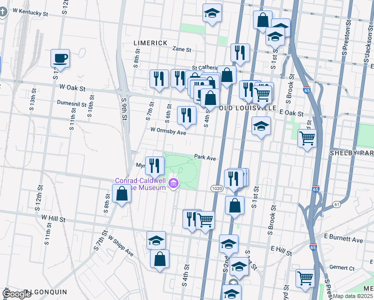 map of restaurants, bars, coffee shops, grocery stores, and more near 433 Park Avenue in Louisville