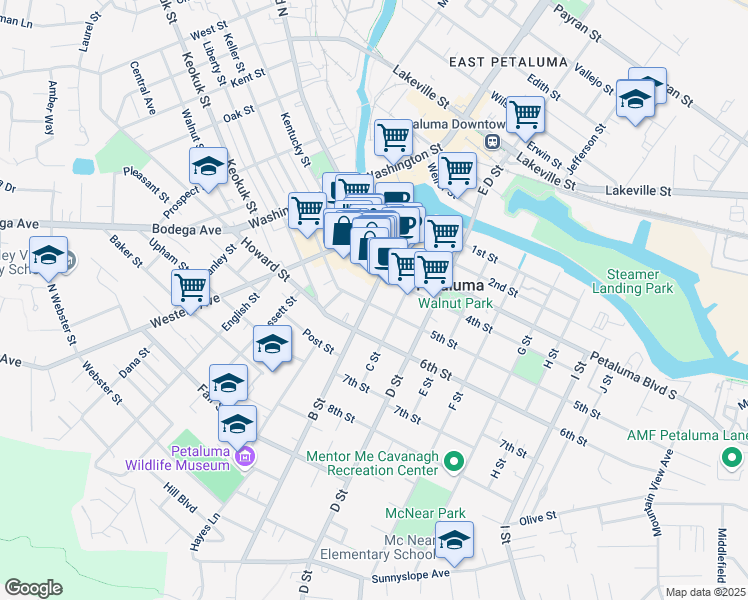 map of restaurants, bars, coffee shops, grocery stores, and more near 411 B Street in Petaluma