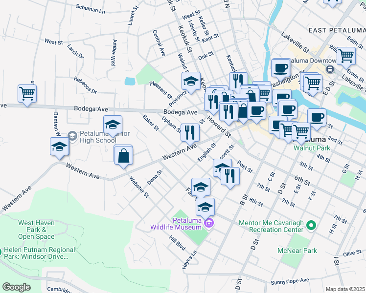 map of restaurants, bars, coffee shops, grocery stores, and more near 612 Western Avenue in Petaluma