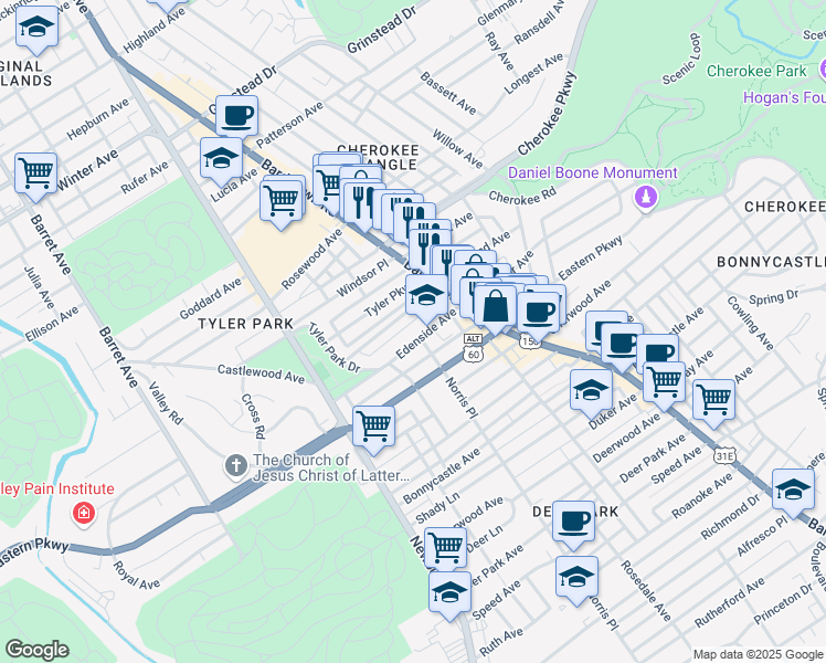 map of restaurants, bars, coffee shops, grocery stores, and more near 1824 Edgeland Avenue in Louisville
