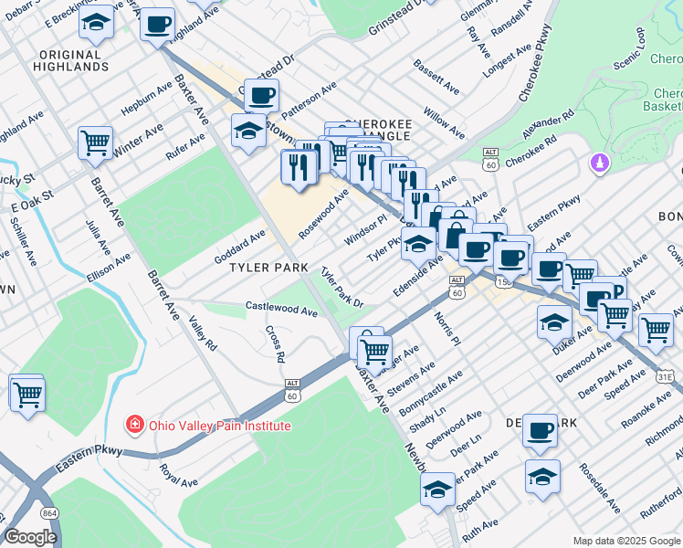 map of restaurants, bars, coffee shops, grocery stores, and more near 1361 Tyler Park Drive in Louisville