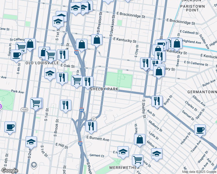 map of restaurants, bars, coffee shops, grocery stores, and more near in Louisville