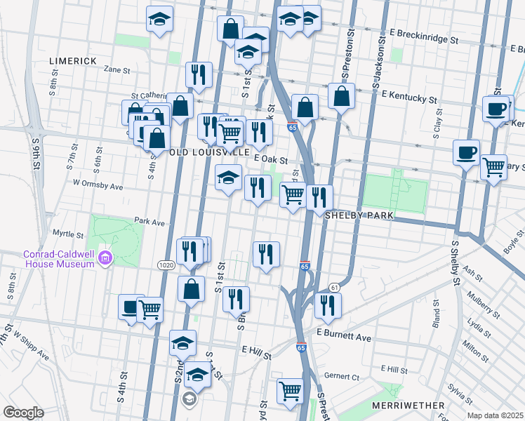 map of restaurants, bars, coffee shops, grocery stores, and more near 215 East Ormsby Avenue in Louisville