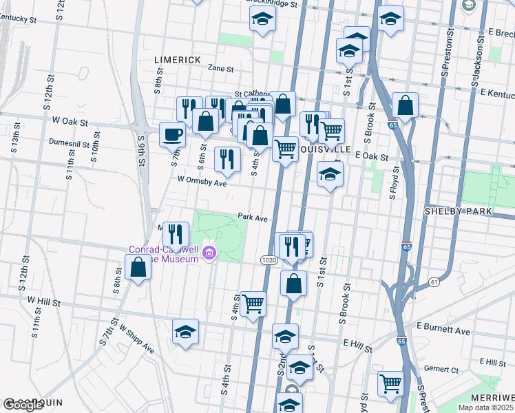 map of restaurants, bars, coffee shops, grocery stores, and more near 1320 South 4th Street in Louisville