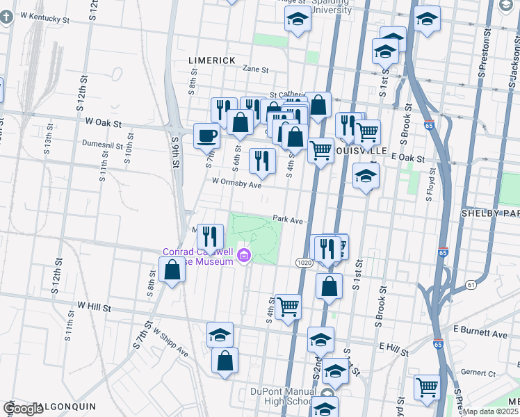 map of restaurants, bars, coffee shops, grocery stores, and more near 433 Park Avenue in Louisville